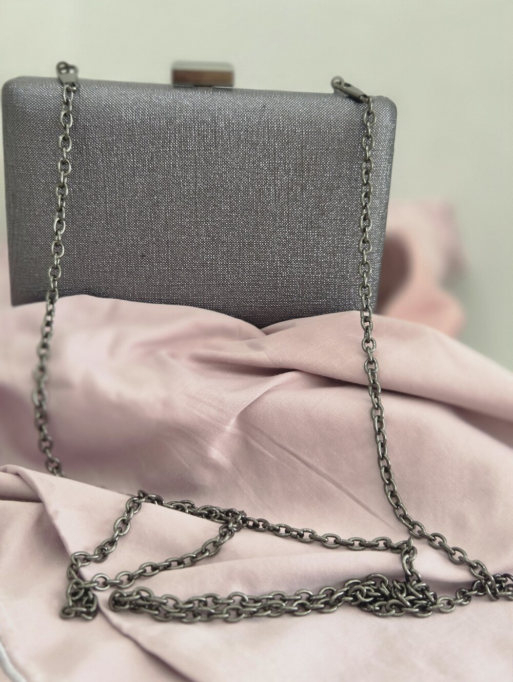 Sole Society Metallic Gunmetal Silver Hard Case Clutch Chain